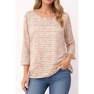 Ruby Rd Womens Large Embellished Sheer Overlay Top Pink Beige 3/4 Sleeve